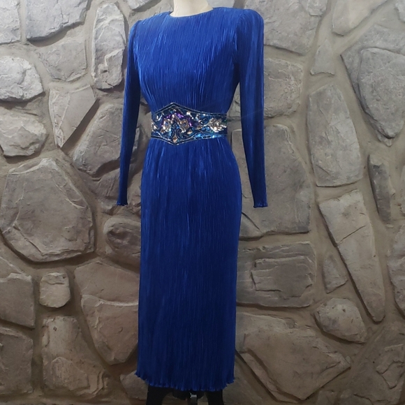 Vintage 80's Nuit Blue Pleat Evening Dress - Picture 1 of 5